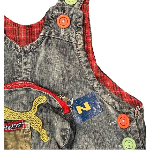 Denim Overalls Car Motif Toddler Size 2T Michelin Jaquar Odafon Shell Flannel - Picture 9 of 11
